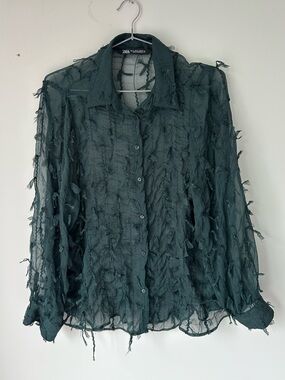Zara Green Sheer Textured Button-Up Blouse